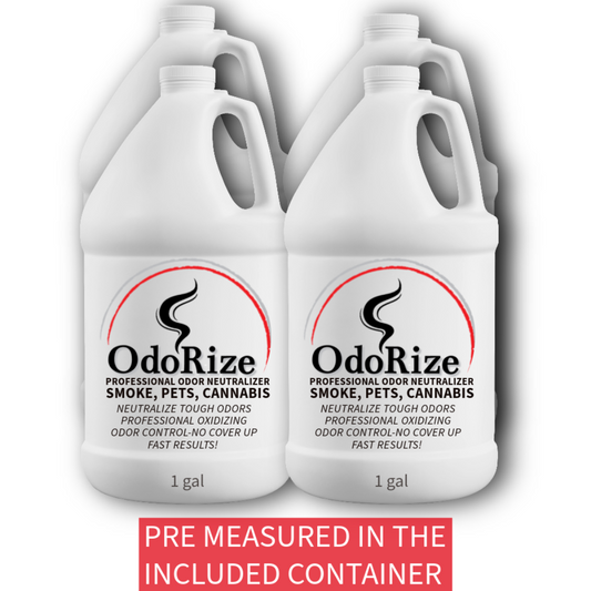 Four gallons of OdoRize odor neutralizer on a white background. bulk order