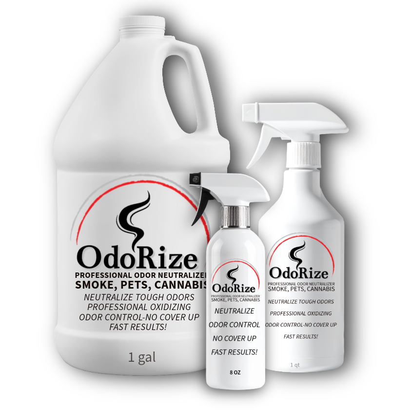 Odor neutralization products including a gallon and two spray bottles labeled 'OdoRize' on a white background.