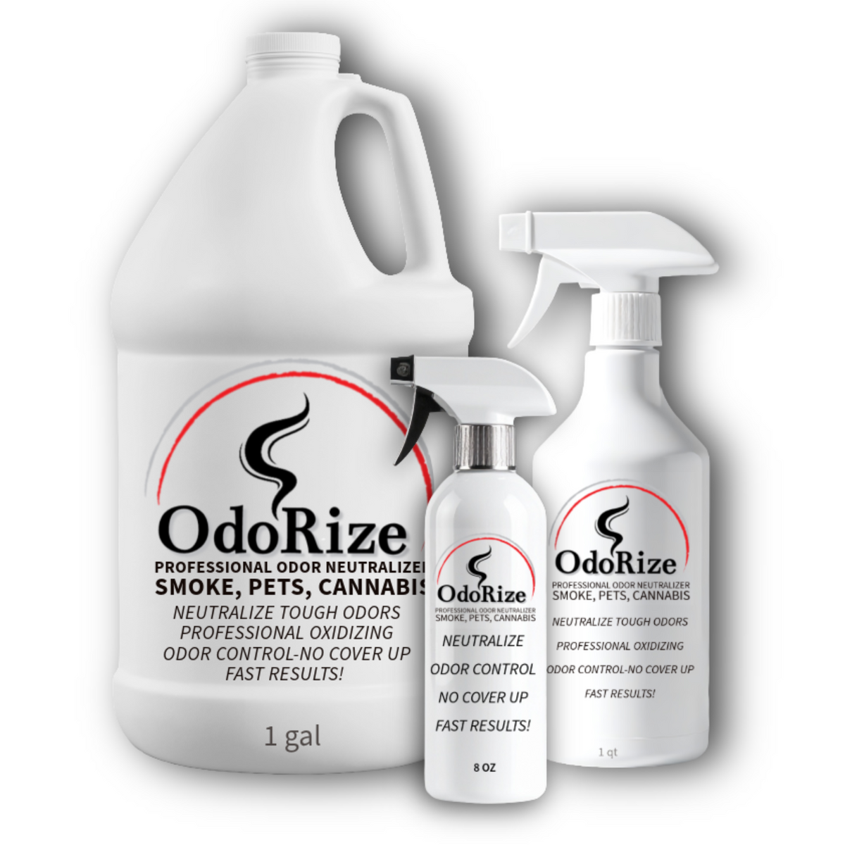 Odor neutralization products including a gallon and two spray bottles labeled 'OdoRize' on a white background.
