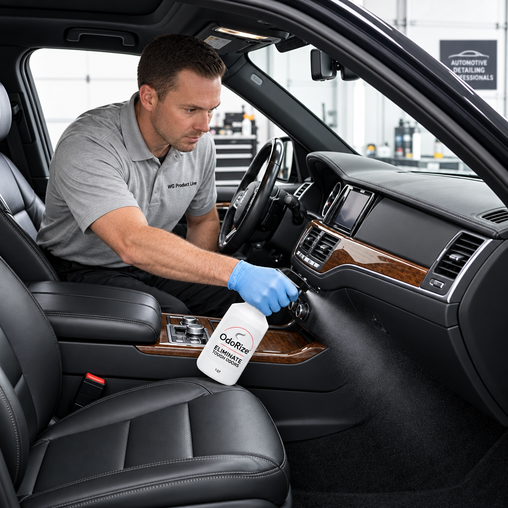 A man in a gray polo shirt and blue gloves sprays a car interior with a white bottle labeled Odorize Eliminate Tough Odors