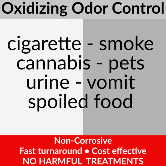 Promotional graphic for OdoRize odor neutralizer, showing the OdoRize logo, social media handles, a QR code, and a list of odors it controls including cigarette smoke, cannabis, pets, urine, vomit, and spoiled food. A red banner at the bottom claims it is non-corrosive, fast turnaround, and cost effective.