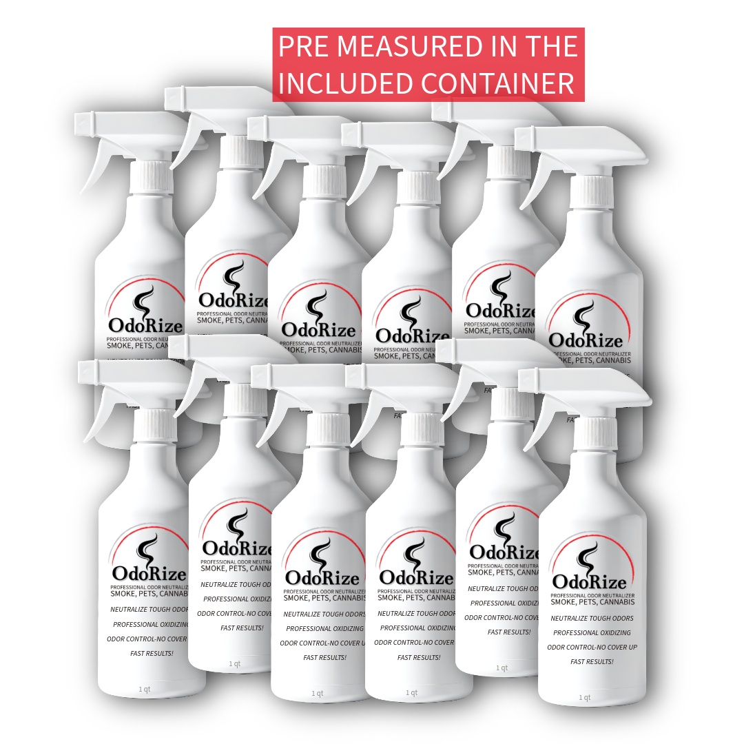 Multiple OdoRize spray bottles with a white background