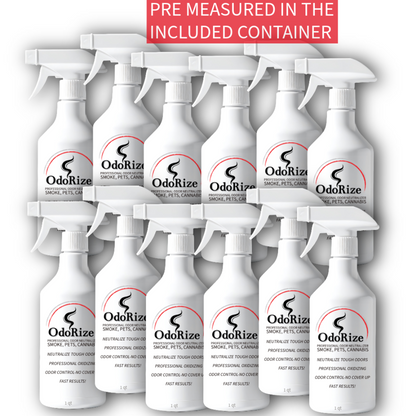 Multiple OdoRize spray bottles with a white background