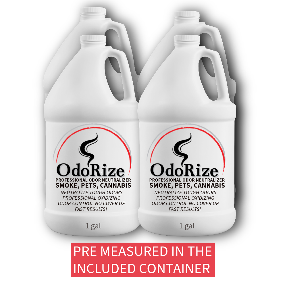 Four gallons of OdoRize odor neutralizer on a white background. bulk order