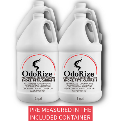 Four gallons of OdoRize odor neutralizer on a white background. bulk order