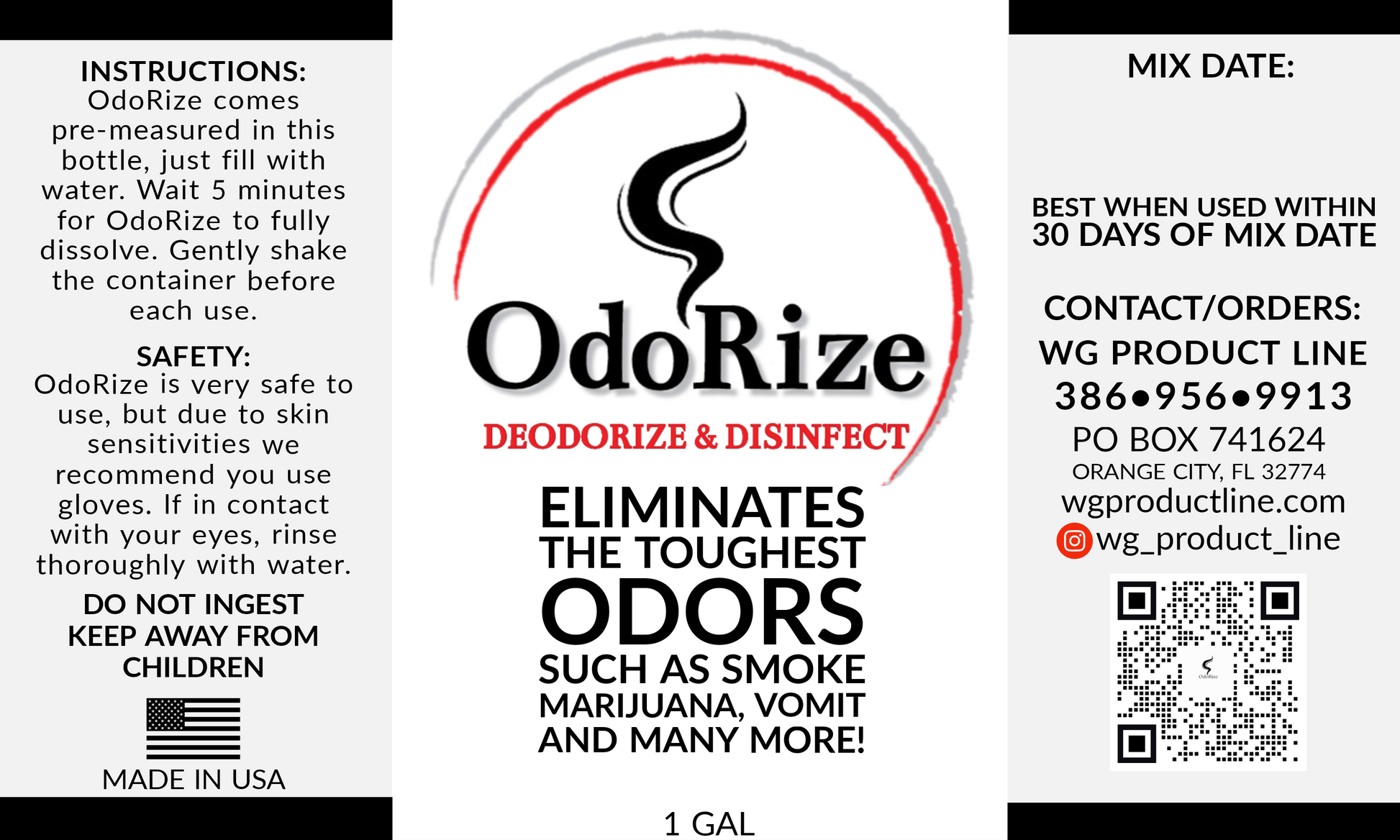 ODORIZE 1 gallon label. Eliminate cigarette, weed, and pet odors