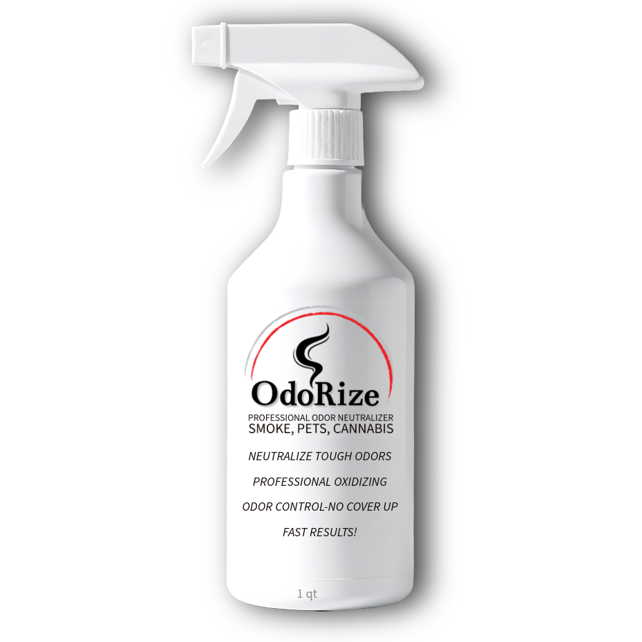 Odor neutralizer spray bottle with OdoRize branding on a white background