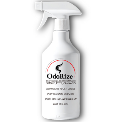 Odor neutralizer spray bottle with OdoRize branding on a white background