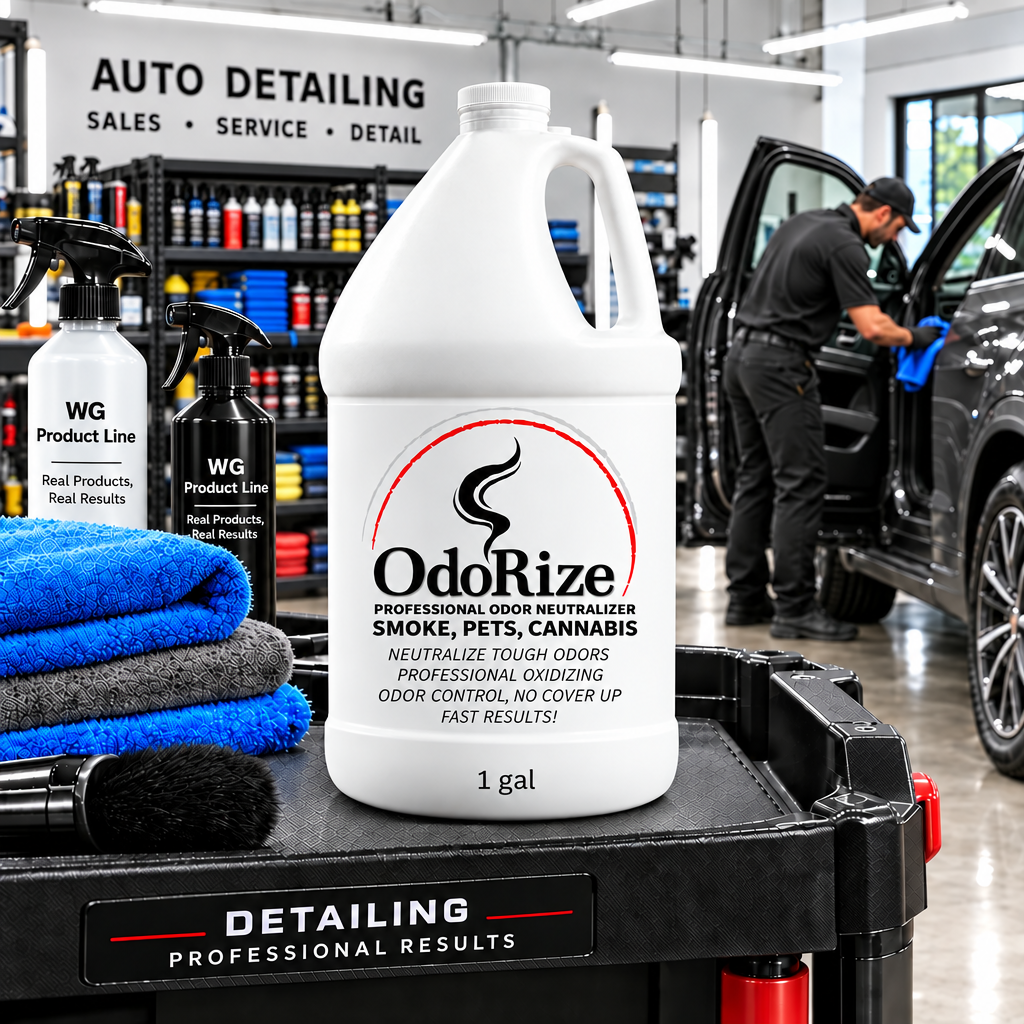 A gallon of OdoRize professional odor eliminator sits on a black detailing cart in an auto dealer car wash, with blue and gray towels, spray bottles, and a car in the background.