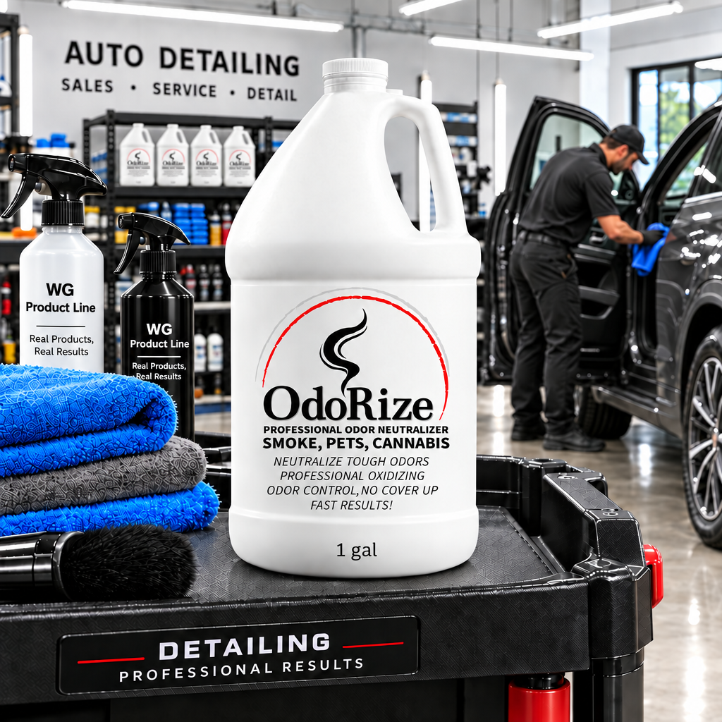 A gallon of OdoRize professional odor eliminator sits on a black detailing cart in an auto dealer car wash, with blue and gray towels, spray bottles, and a car in the background.