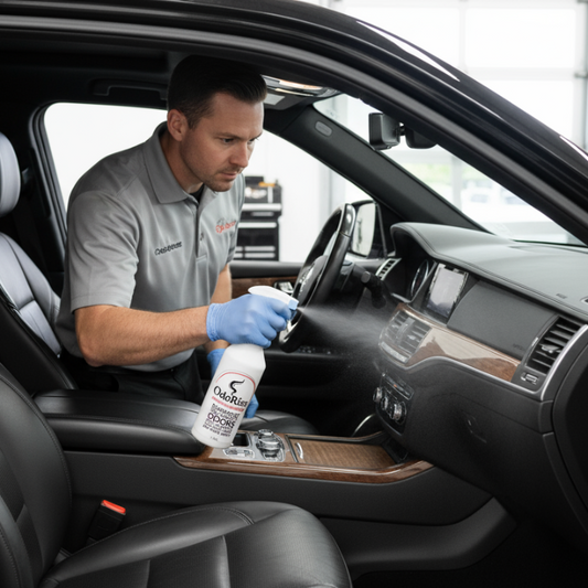 Professional auto detailer spraying Odorize inside a car to eliminate cigarette and weed smoke odor.