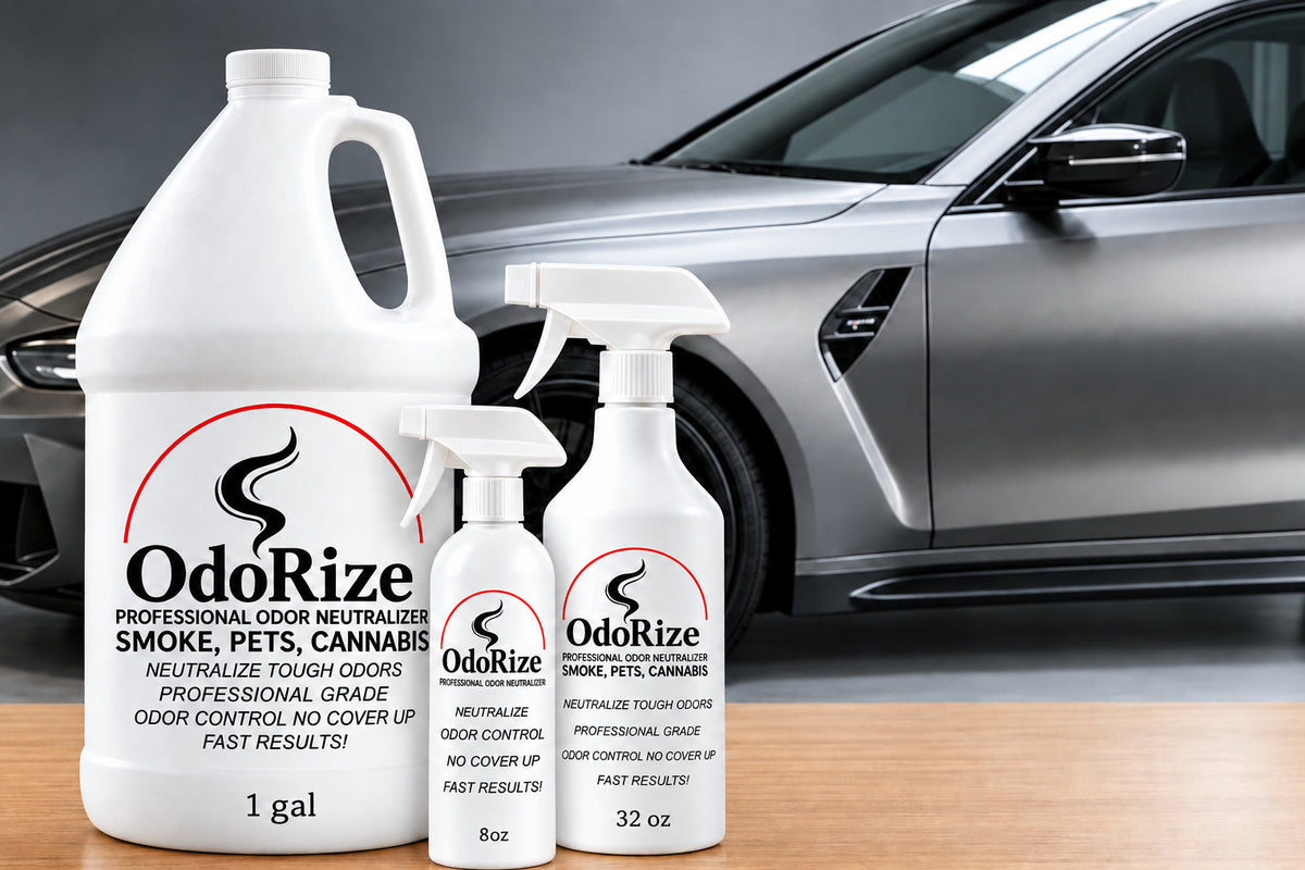 A garage-style promotional scene showing multiple WG Product Line car care products on a table in front of a dark car: a large cleaner jug, a smaller spray bottle, a larger OdoRize smoke and pet cleaner jug, two OdoRize spray bottles, folded gray towels, gloves, and keys. A large WG Product Line logo is centered above the products.
