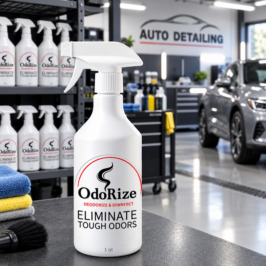 A white spray bottle of OdoRize odor eliminate cleaner stands on a countertop in an auto detailing shop, with shelves of similar bottles and a gray car blurred in the background.