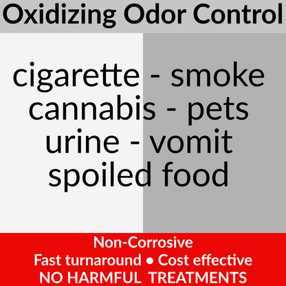 Promotional graphic for OdoRize odor neutralizer, showing the OdoRize logo, social media handles, a QR code, and a list of odors it controls including cigarette smoke, cannabis, pets, urine, vomit, and spoiled food. A red banner at the bottom claims it is non-corrosive, fast turnaround, and cost effective.