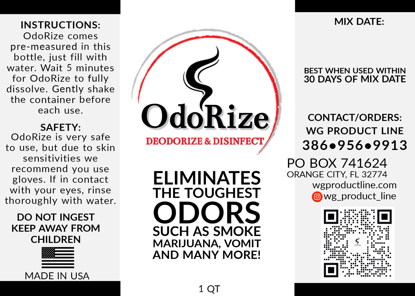 ODORIZE odor eliminator usage and instructions label